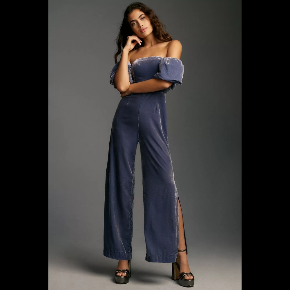 NWT Anthropologie The Femme Off-Shoulder Wide-Leg Velvet Jumpsuit